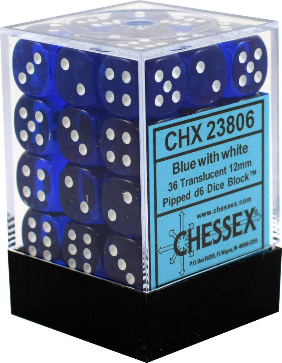 Chessex: Translucent Blue w/ White - 12mm d6 Dice Set (36