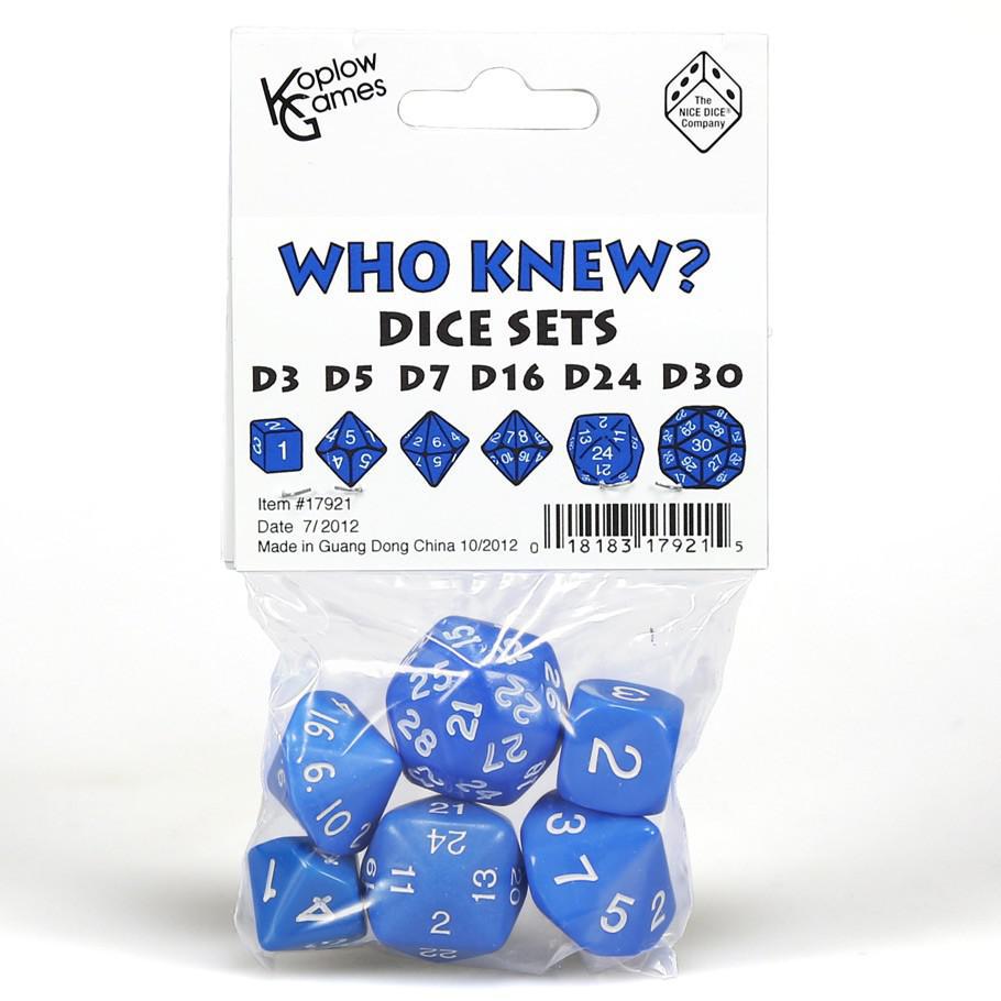 Koplow Games: Who Knew? Dice Sets - Blue w/ White – Level One Game Shop